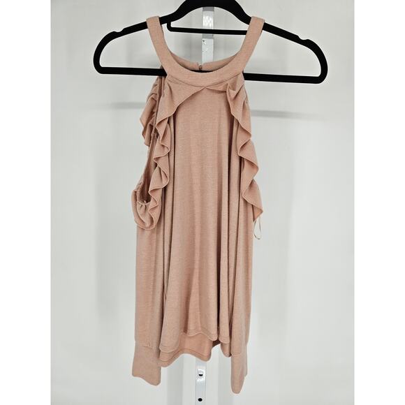 1 State Womens Sz L Cold Shoulder Long Sleeve Knit Top Light Pink Ruffled - Picture 1 of 4